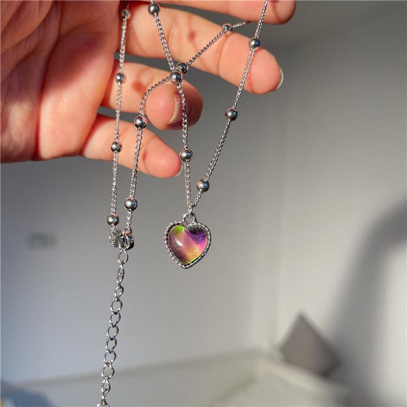 

Ожерелье из титановой стали с персиковым сердцем, меняющим цвет - модная японская и корейская цепочка на ключицу для женщин