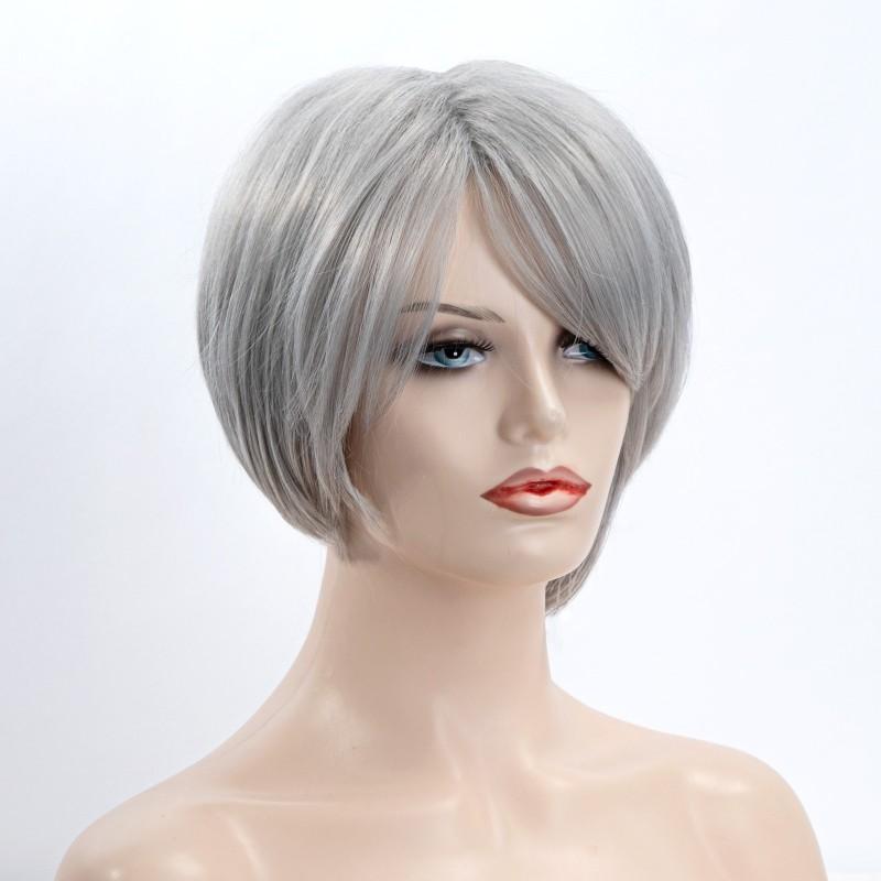 

Короткие женские синтетические парики Ombre Серебристо-белые серые парики Многослойная прическа из натуральных волос Косплей Ежедневные парики Термостойкие парики серебряный серый