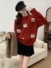 Women's Red Christmas Loose Knit Pullover Sweater - Autumn/Winter Korean Style, Round Neck