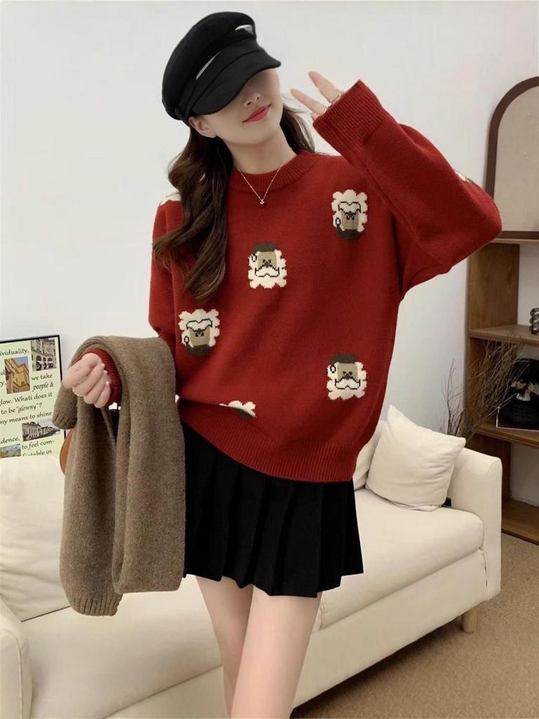 Women's Red Christmas Loose Knit Pullover Sweater - Autumn/Winter Korean Style, Round Neck