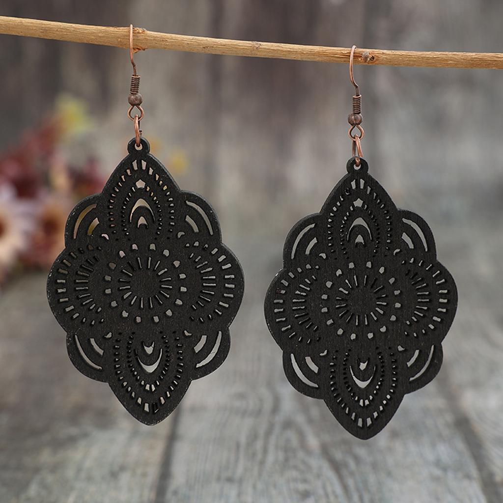 New Vintage Ethnic Style Long Wooden Earrings with Carved Patterns