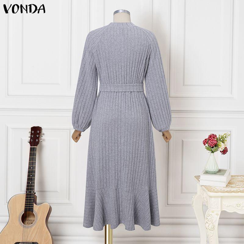 VONDA Abito Maxi Svasato Casual Base in Maglia a Coste con Scollo Tondo e Maniche Lunghe da Donna per l'Autunno