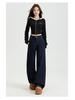 Women's Dark Blue High-Waist Wide-Leg Jeans, Summer 2025 Collection - Loose Fit, Meat-Covering, Mopping Style.