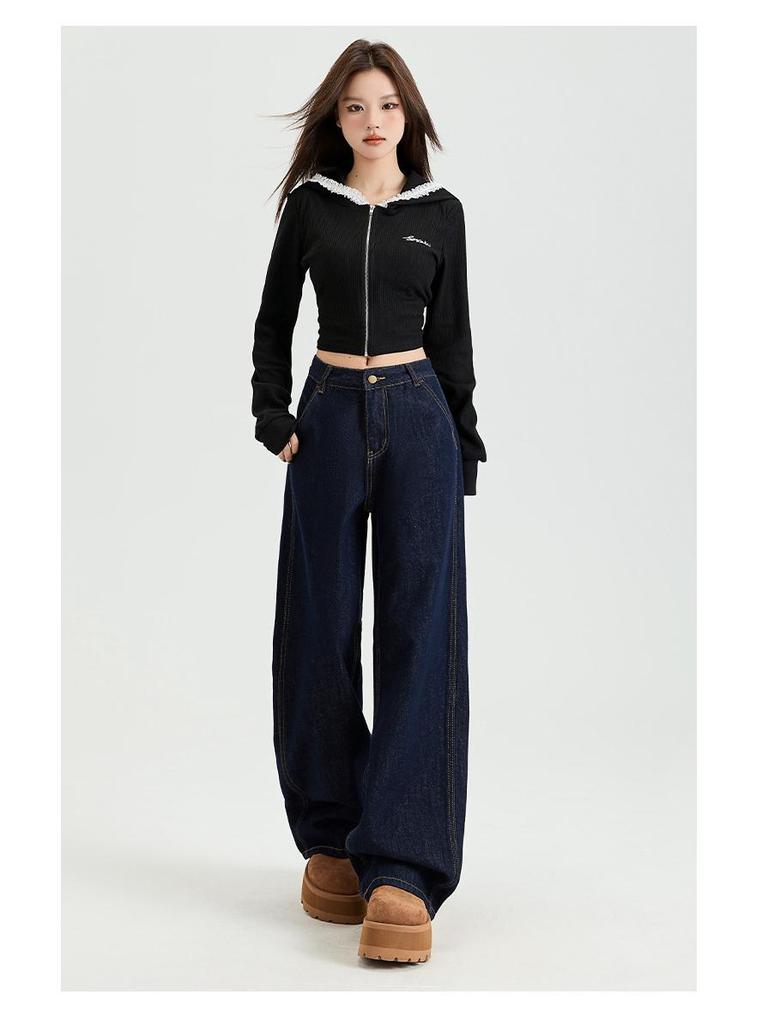Women's Dark Blue High-Waist Wide-Leg Jeans, Summer 2025 Collection - Loose Fit, Meat-Covering, Mopping Style.