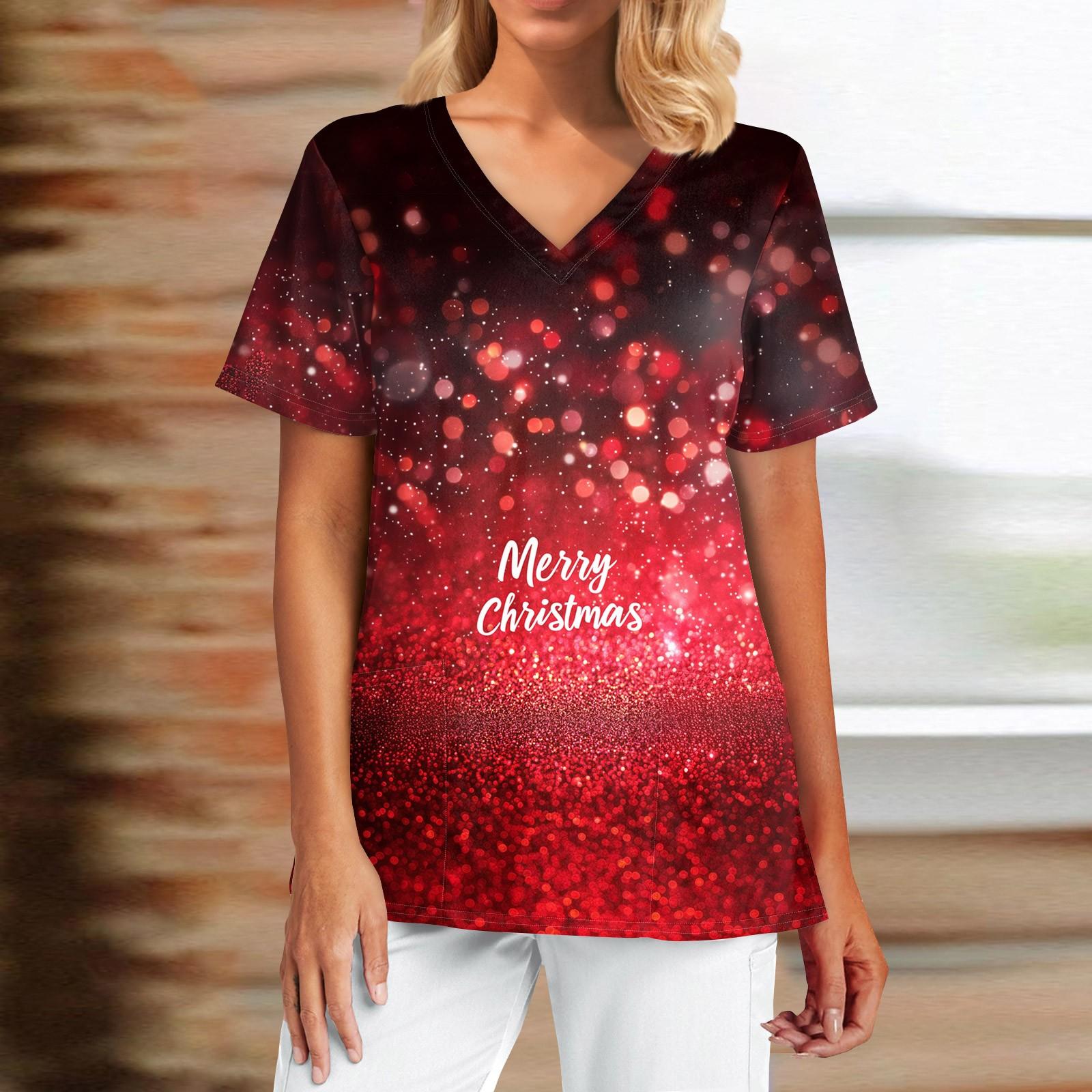 

Женская модная футболка с короткими рукавами, V-образным вырезом и маленькими карманами с рождественским принтом XL красный