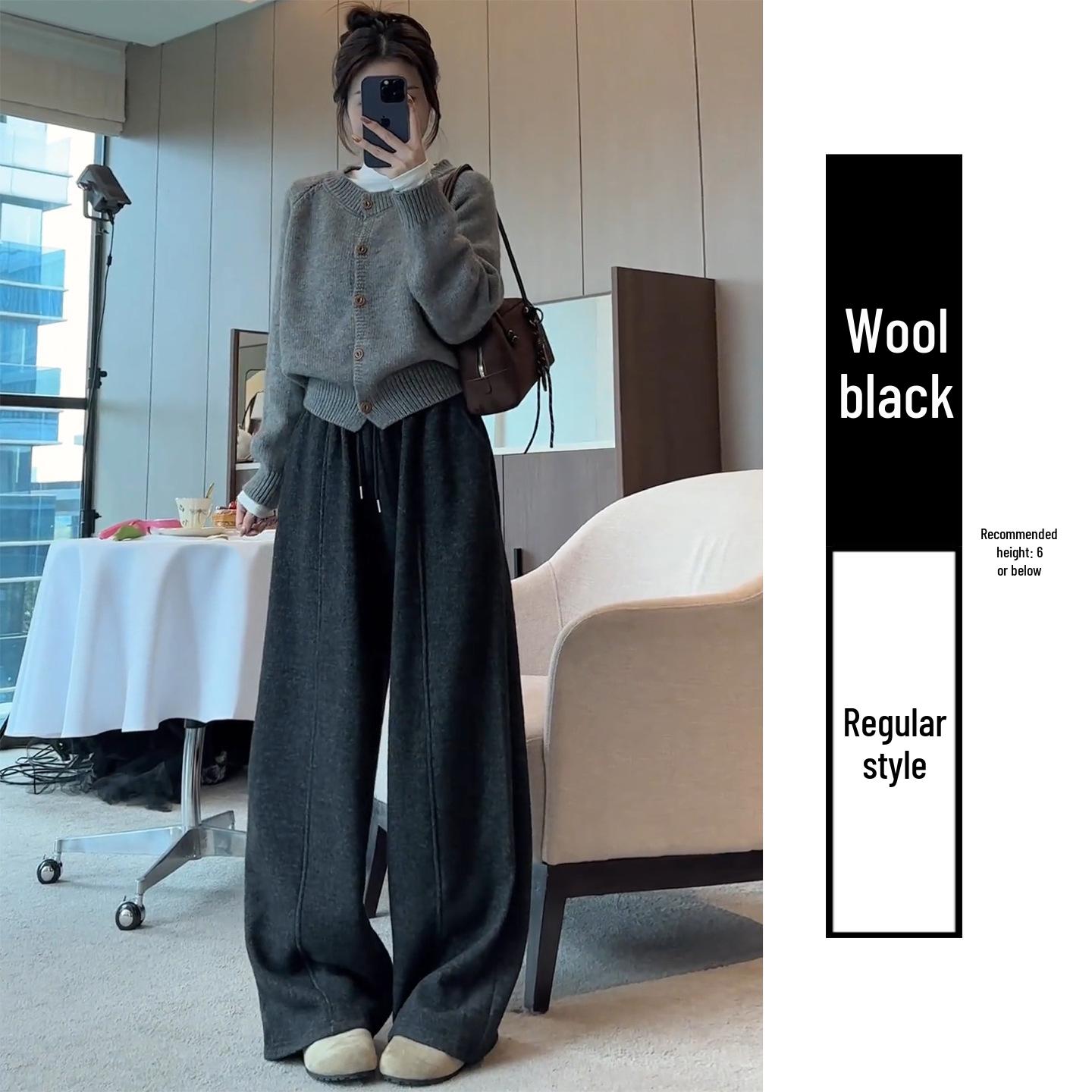 

Women s Deep Gray Korean Style High Waist Plus Velvet Woolen Wide Leg Sweatpants for Autumn/Winter Small