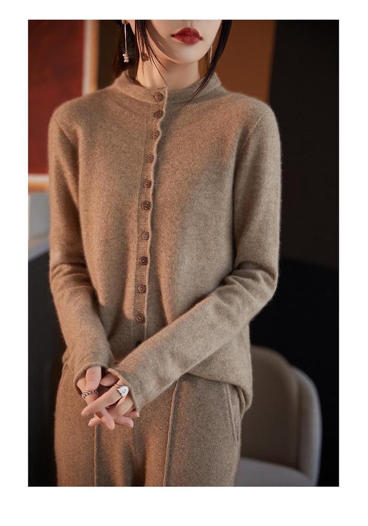 Women's 100% Wool Stand Collar Seamless Cardigan - Loose Knit Long Sleeve Cashmere Coat for Autumn/Winter