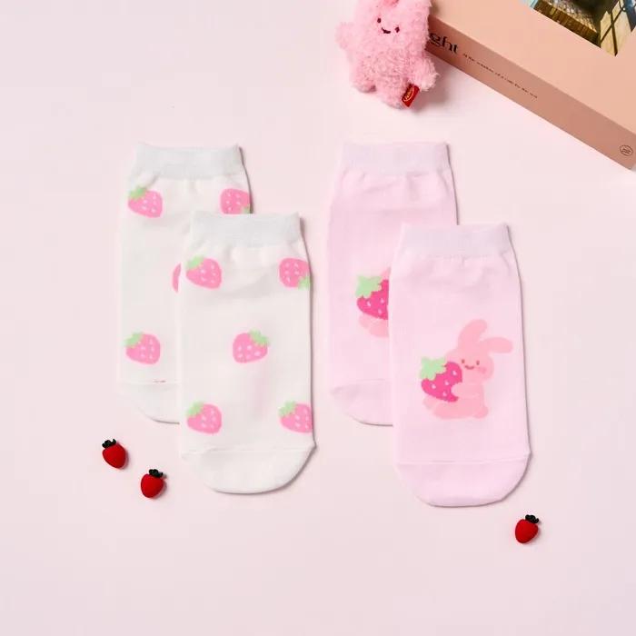 Strawberry Scrabble Rabbit Ankle Socks 2-Piece Set White Soft Pink