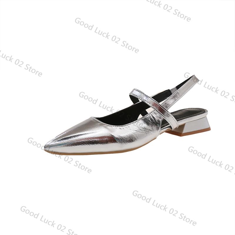 

Fashion 2025 New Women Baotou Patent Leather One Line Buckle Strap Cat Heel Sandals Female Sexy Black Silk Pointed Thin Heel Flat Shoes 42 серебряный
