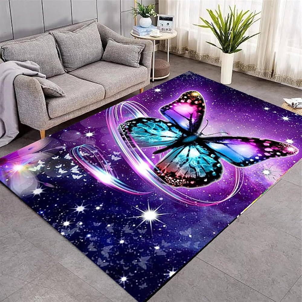 Moon Star Butterfly Print Area Rug Flannel Washable Floor Mat for Girls Bedroom Nursery Living Room Aesthetic Themed Home Decor
