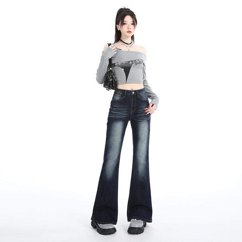 Spice girl design feeling slightly pull jeans women's autumn new high-waisted elastic slim-fitting thin flared floor pants