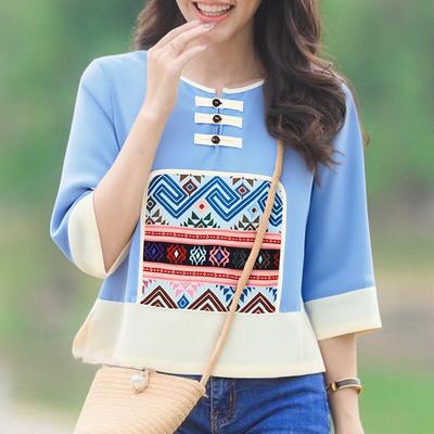 Women Casual Round Neck Loose Half Sleeve Print Blouse