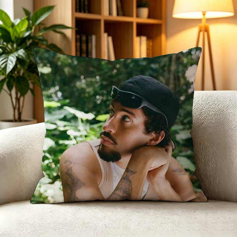 BBad Bunny Reggaeton Rapper Square DoubleSided Printed Pillow Case Bedroom Bedside Pillow Sofa Cushion Cover