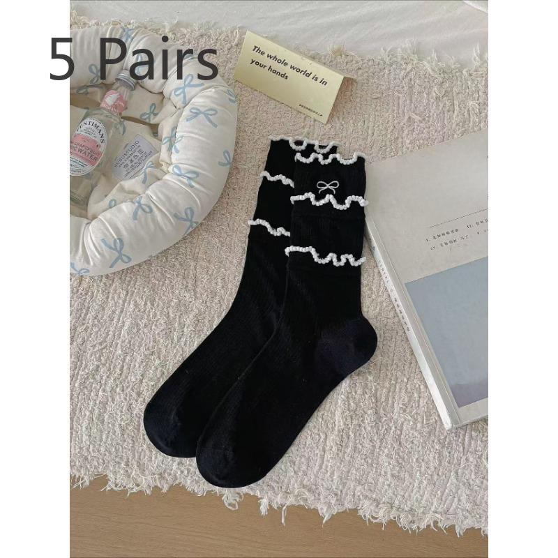 5 Pairs of Women's Summer Thin Breathable Cotton Lace Bow In The Tube Pile Socks