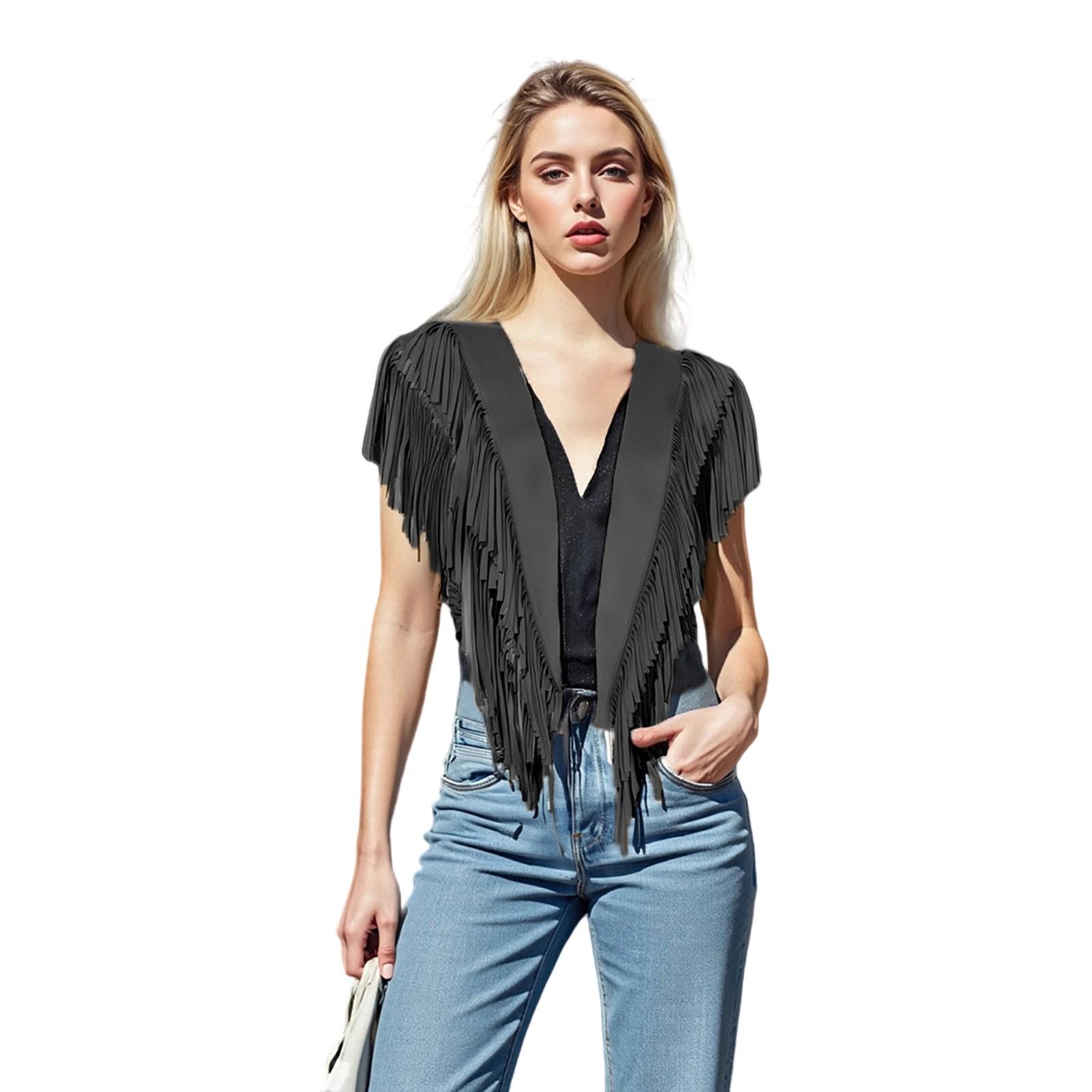 

Женский замшевый жилет с кисточками 70-х годов, хиппи-наряд, без рукавов, с открытой передней частью, жилет в западном стиле с воротником One Size чёрный