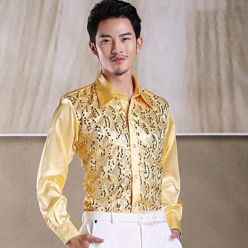 Men's Sequin Chorus Performance Shirt for Middle-Aged & Elderly - Red Stage Costume for Evening Song and Dance