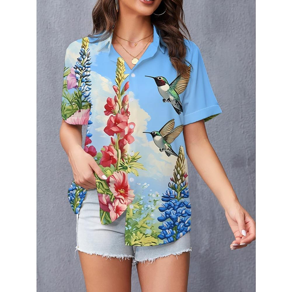 

Women s Casual Short-Sleeve Shirt with a Pattern of Three Hummingbirds Fluttering Among Flowers Under a Blue Sky S