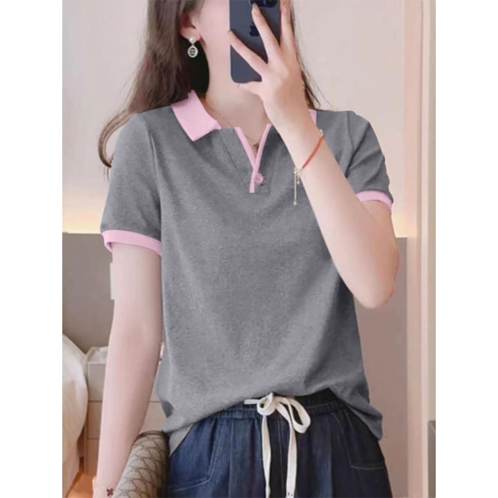 Lapel short sleeve t-shirt women's summer color block polo shirt top