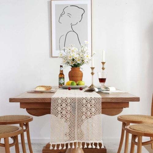 ZARROUEA 3D Lace Table Runner with Fringe, Beige, American Vintage, Phoenix Tail Pattern, Crochet, 180cm (4.7 ft)