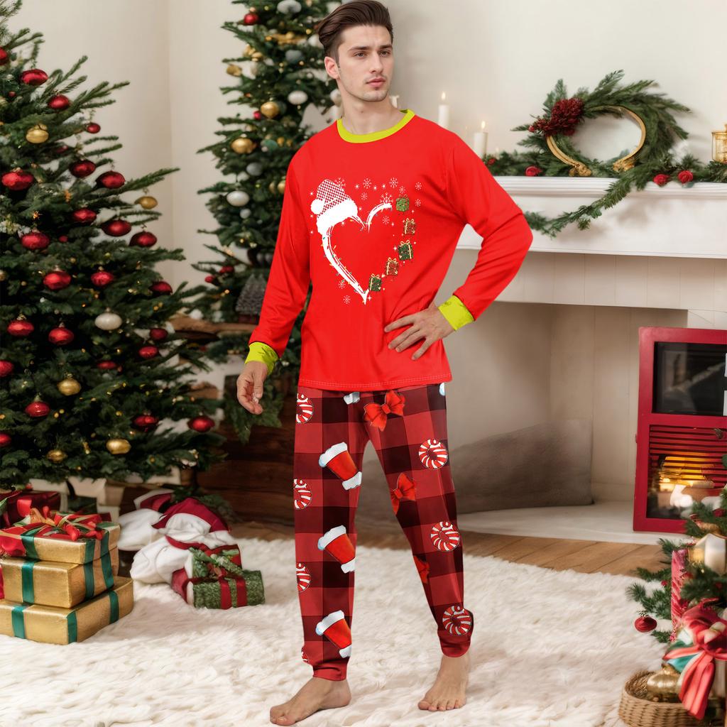 Weihnachts-Print Familien-Partner-Pyjama-Set Langarm-Oberteil und Hose für Eltern und Kinder