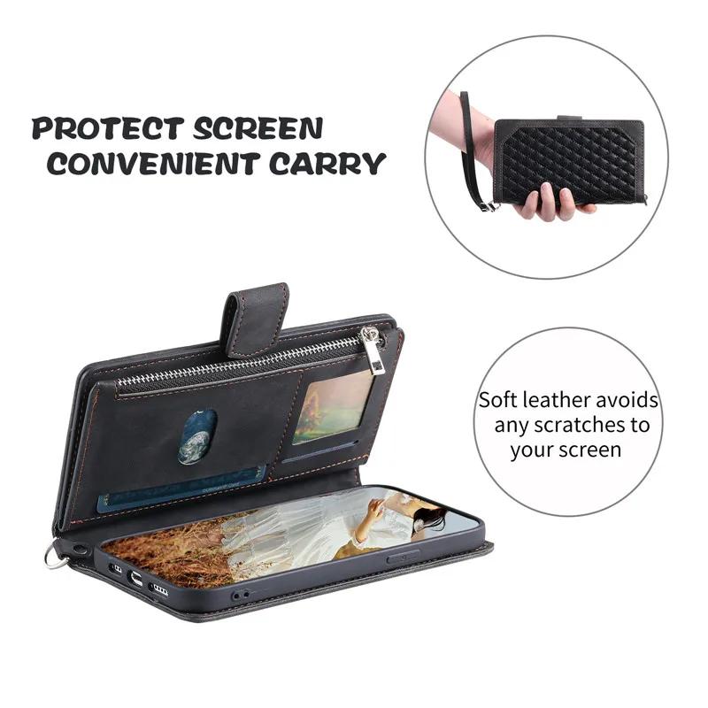 Long Lanyard Flip Leather Wallet Zipper Phone Case for iPhone 16 Pro Max 15 14 11 13 12 X XS XR Plus SE 2022 Card Holder Cover