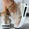 Large size single shoes women's spring and autumn new lace sequined mesh casual cover foot slope heel inner heightening muffin bottom