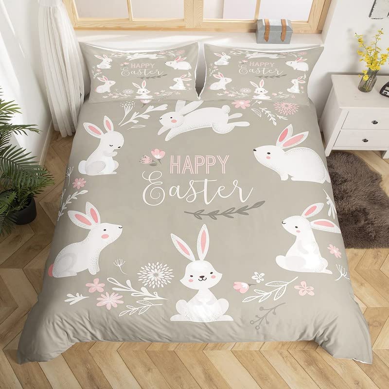 Cute Rabbit Duvet Cover Queen King Size Cartoon Rabbit Bedding Set Kawaii Animal Quilt Cover For Boys Girls Teenagers  3 Pcs