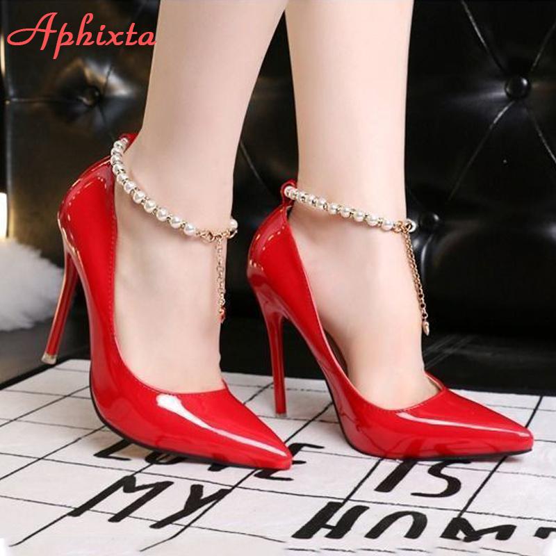 Fashion Aphixta Pearl Chain Luxury 10cm Thin Heels Pointed Toe Pumps Women Official Patent Leather Shoes Wedding Plus Big Size 49 50
