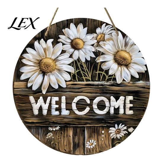 Hanging Sign with Hemp Rope Wooden Daisy Welcome for Front Door, Rustic Farmhouse Wall Decor Handmade House Rope, Wood Plaque Home Entrance