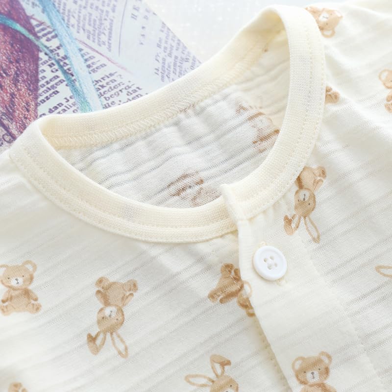 Baby Koi Baby Clothes Pajamas Long Sleeves Thin Cotton Belly Warmer Top and Bottom Set Front Opening Boys Clothes Mesh Pattern Gift Khaki Bear Pattern