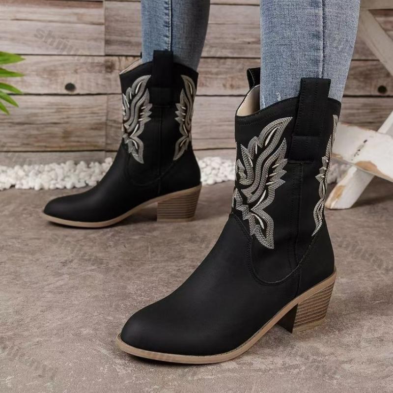 Fashion Women Embroidered Mid Calf Western Cowboy Boots Woman Autumn Winter Faux Leather Chunky Heeled Retro V-Cut Pointed Cowboy Boots