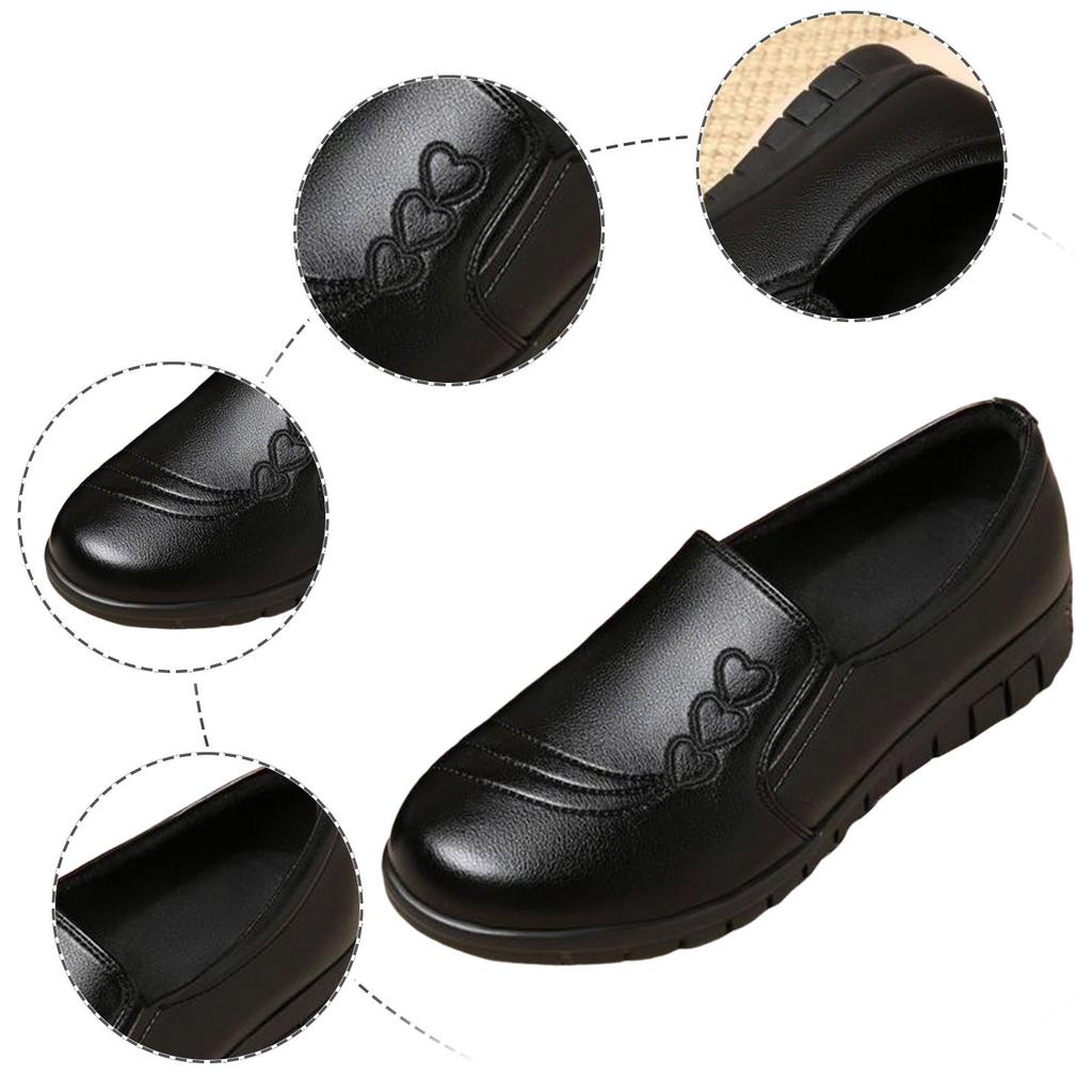 Ladies Casual Leather Shoes Simple Solid Soft Leather Loving Heart Printed Lightweight Flat Comfortable Large Size Single Shoes