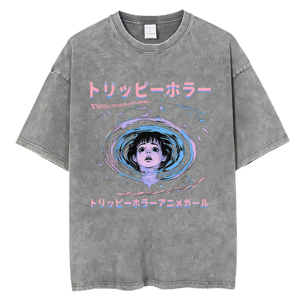 Unisex Washed Vintage Horror Anime Junji Ito Uzumaki Graphic T-shirt Men Women Manga Retro Oversized T Shirt Y2k Casual Cotton T-shirts