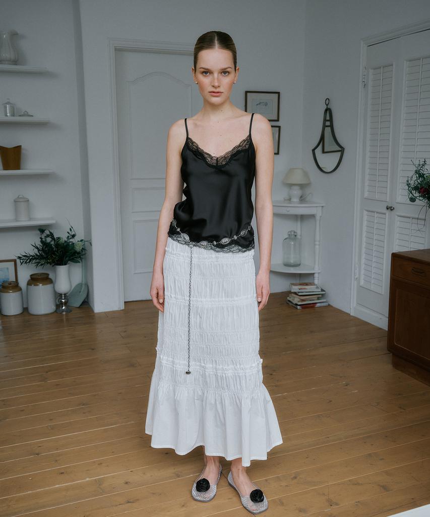 Green Butter Shirring Long Skirt (Ivory)