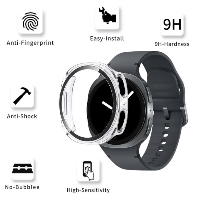 Case Compatible Samsung Galaxy Watch 8 40mm - Rigid Protection Transparent Case Screen Tempered Glass Phonillico®