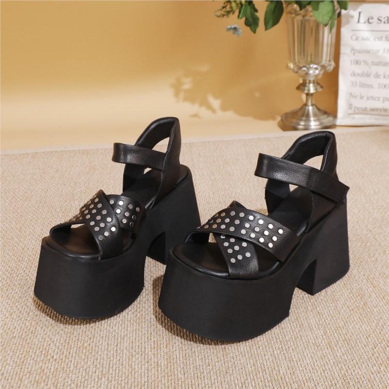 Johnature Genuine Leather Super High Heel Sandals Riveted Thick Soled Roman Women's Platform Shoes