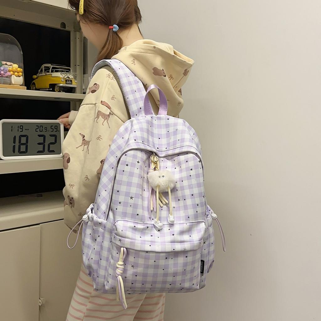 Schoolbag Backpack Schoolbag Niche Cute Fresh High Value Plaid Literature and Art Junior High School Students Large Capacity Casual Backpack