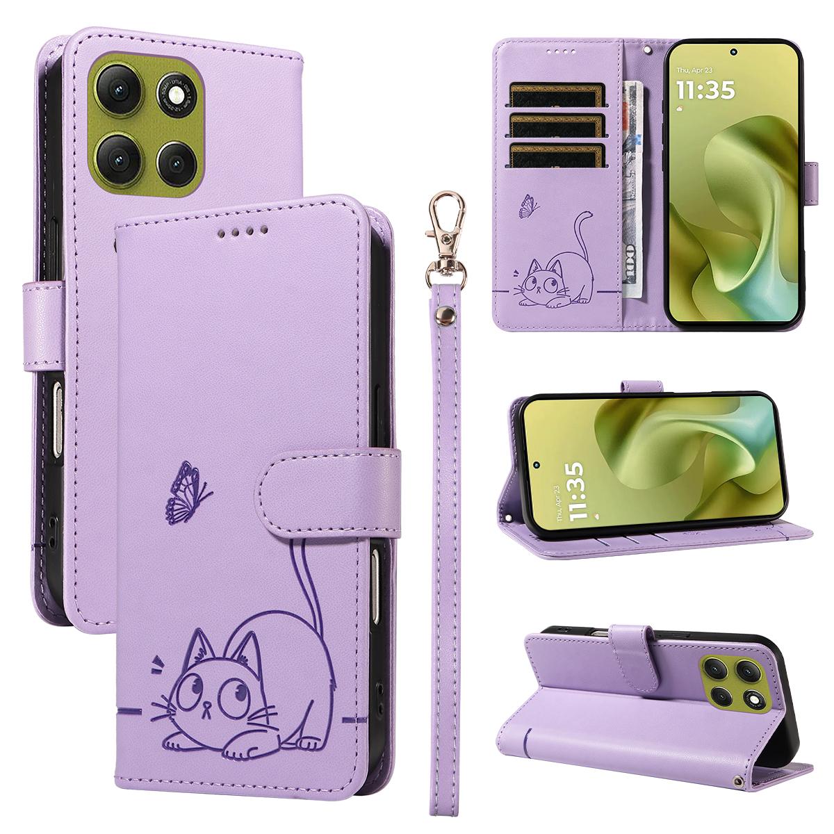 

Для Motorola Moto G86 5G/G86 Power 5G Чохол Шкіряний чохол для телефону з тисненням котячого візерунка та ремінцем на зап ястя Purple