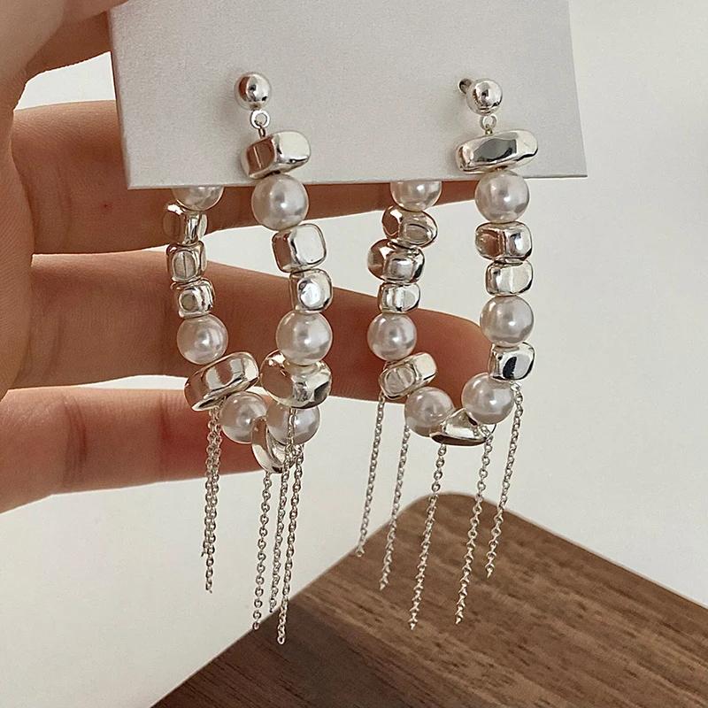 PONYKISS Серебряные круглые серьги-кольца с жемчужными бусинами и кисточками для женщин Вечеринка Минималистичные Модные Тонкие Геометрические Аксессуары