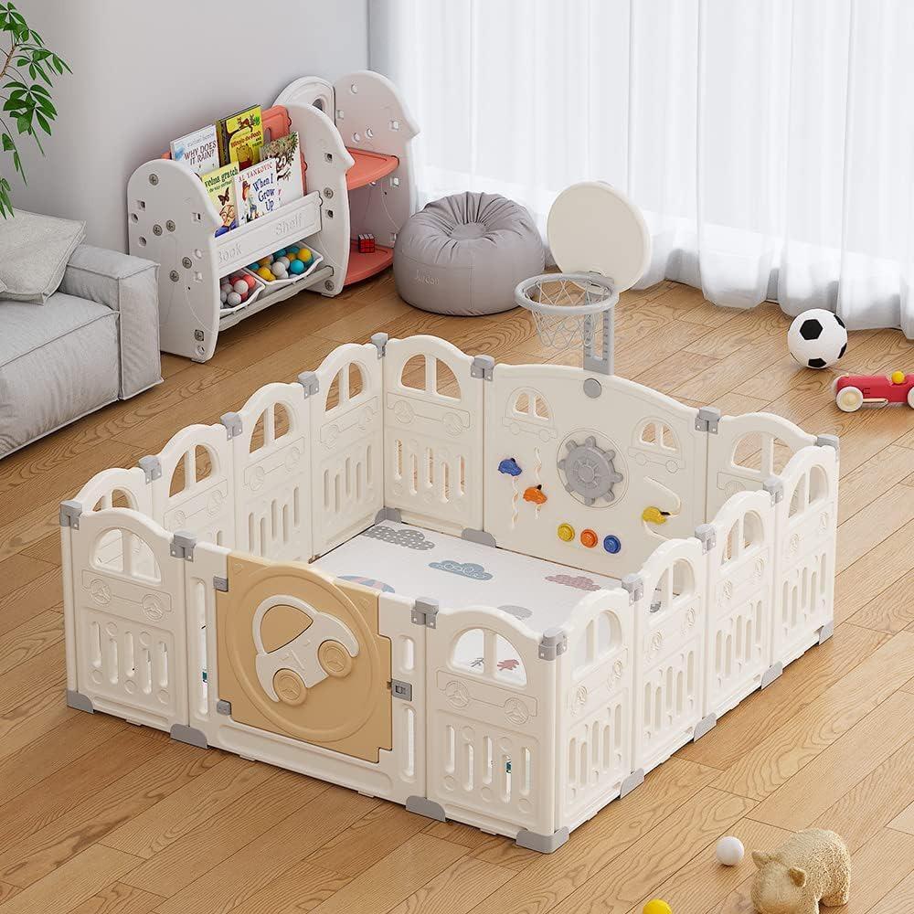 UBRAVOO Foldable Playpen with Mini Basketball Hoop and 50 Colorful Ball Pit, Baby and Toddler Car Playpen, Fun Indoor Activity Center