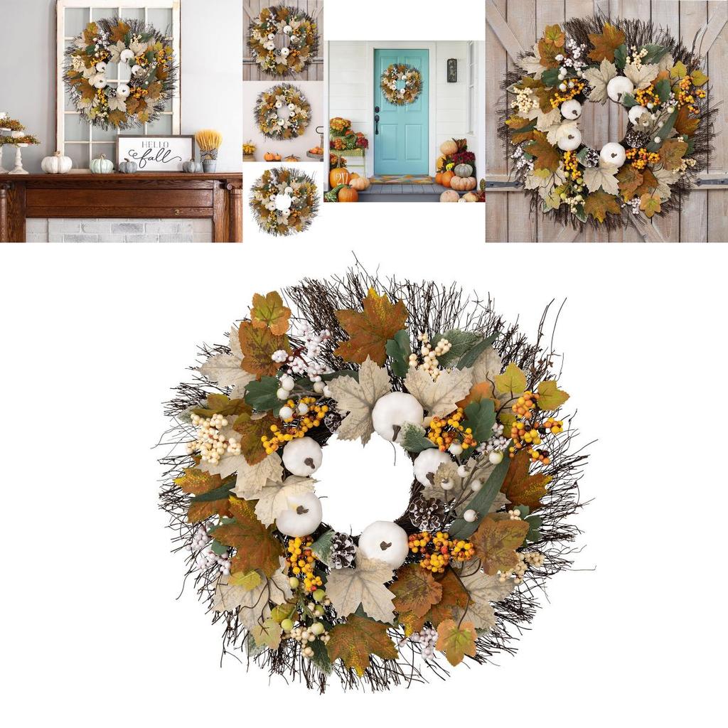 Herbstlich inspirierte Herbstdeko Erntedankkranz mit weißem Kürbis und Ahornblättern