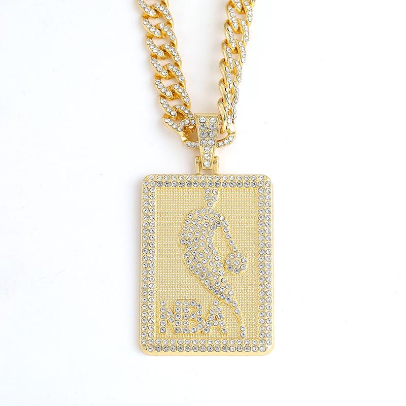 Rhinestone Cuban Chain Necklace with NBA Basketball Pendant - European & American Hip Hop Style