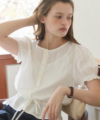 OURHOPE Waist String Puff Blouse - White