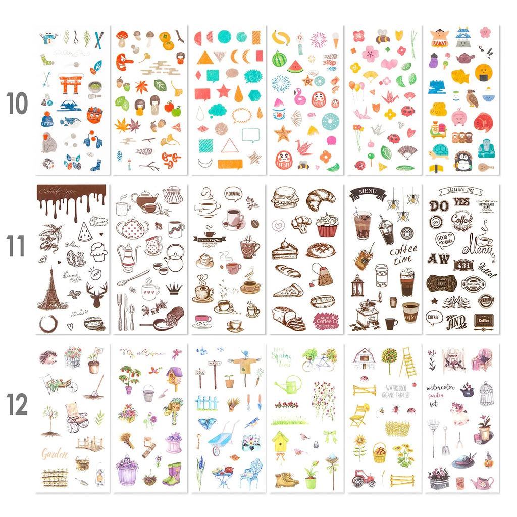 Dekoratives Stickerpaket für Erwachsene, Designs, 72 Blätter, 12 Themen, japanische Papieraufkleber, verschiedene dekorative Aufkleber, selbstklebende Abziehbilder, Graffiti-Patches