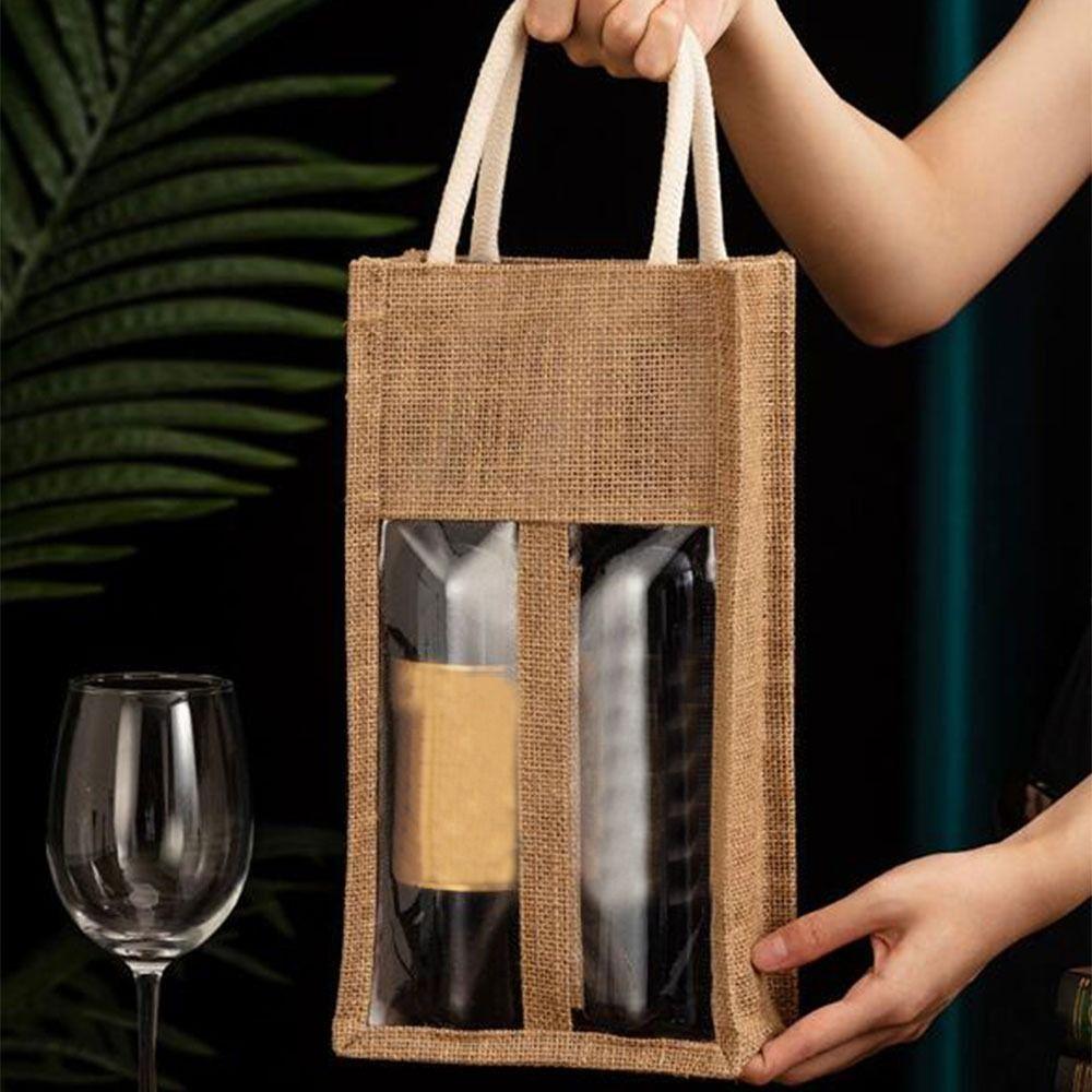 with Window and Handle Wine Carrier Tote Bags Reusable Wine Gift Box Burlap Wine Bottle Bags