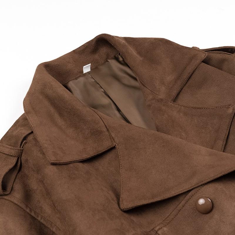 Womens Winter Faux Suede Collar Double-Breasted Belted Trench Coat Long Loose Streetwear Outerwear