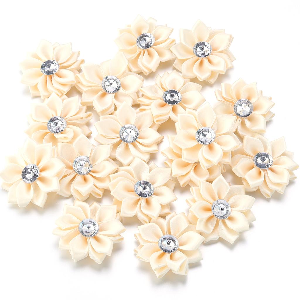20pcs 4cm Mini Satin Ribbon Flowers Colorful Rhinestone Handmade Flowers For DIY Clothing Sewing Headwear Decoration Accessories