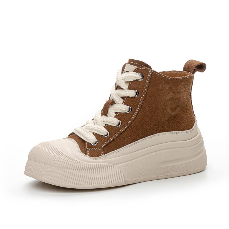 The First Layer of Cowhide High-top Shoes for Women's Autumn New Retro Heightening Casual Versatile Sports Board Shoes for Women