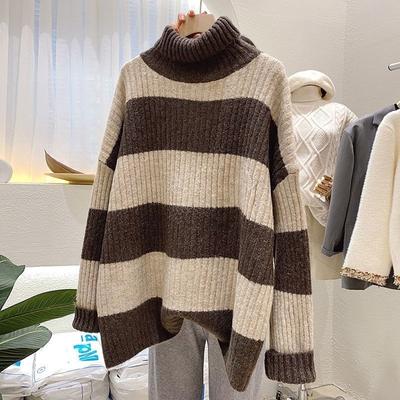 Autumn and Winter High Neck Sweater Women Pullover Korean Loose Versatile Stripe Knitted Bottom Sweater Pullover Female Top