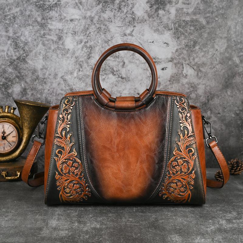 Floral Women Tote Bag Vintage Ladies Leather Handbag  New Fashion Female Shoulder Or Crossbody Bags